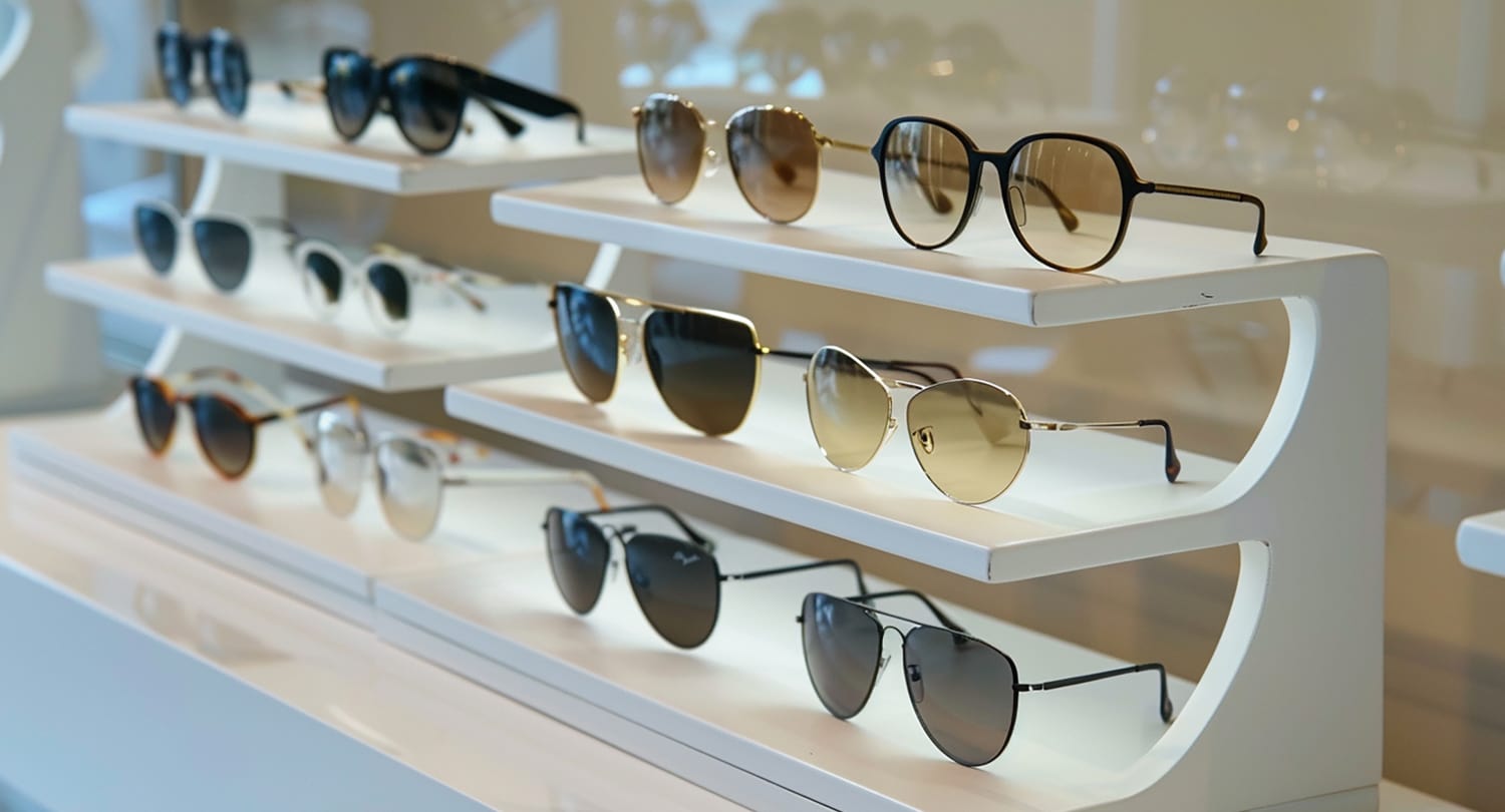 Stylish sunglasses neatly displayed on modern white shelves in a well-lit eyewear store, creating an appealing shopping experience.